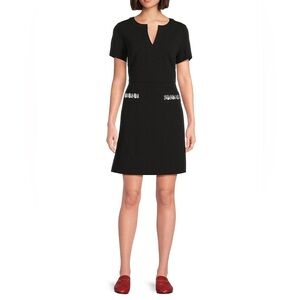 Tommy Hilfiger Black Split Neck Crystal Embellished Short Sleeve Mini 6 NWT